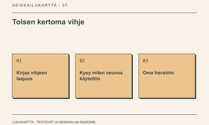 Lukukartta: Toisen kertoma vihje. Kirjaa vihjeen laajuus, Kysy miten neuvoa käytettiin, Oma havainto.